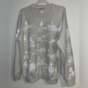 Vintage Michigan Rag Co All Over Print Lighthouse Crewneck Sweatshirt Sage Large